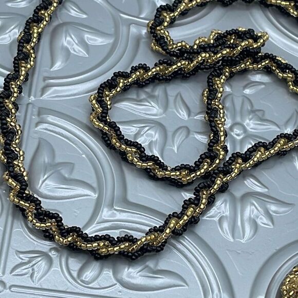 Vintage long seed bead flapper style black n gold necklace - Picture 10 of 11